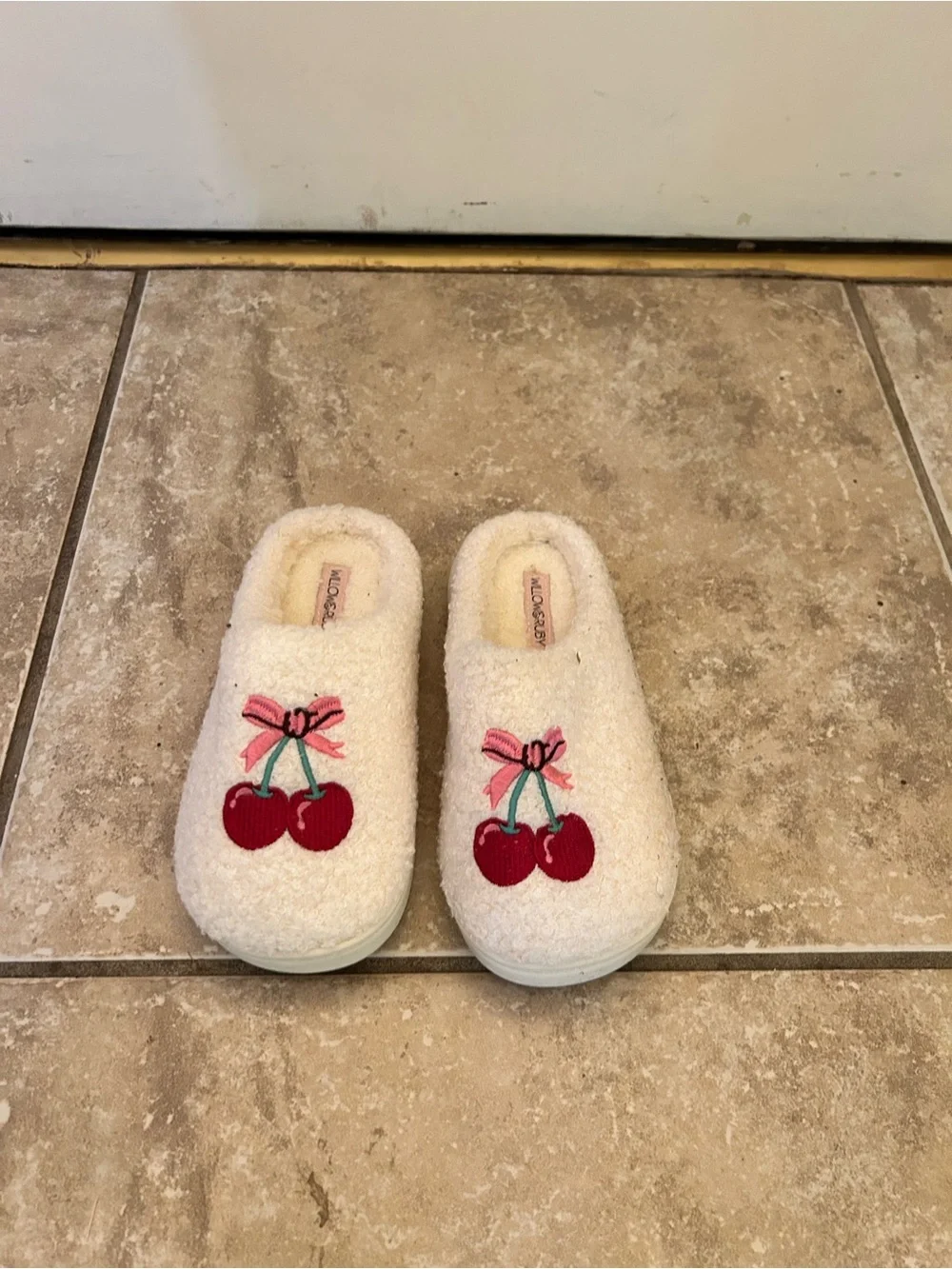 Kids Cream Cherry Embroidered Slip-On Slippers